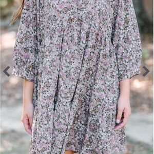 Olive Green and Purple Casual Sundress with Bishop Sleeves